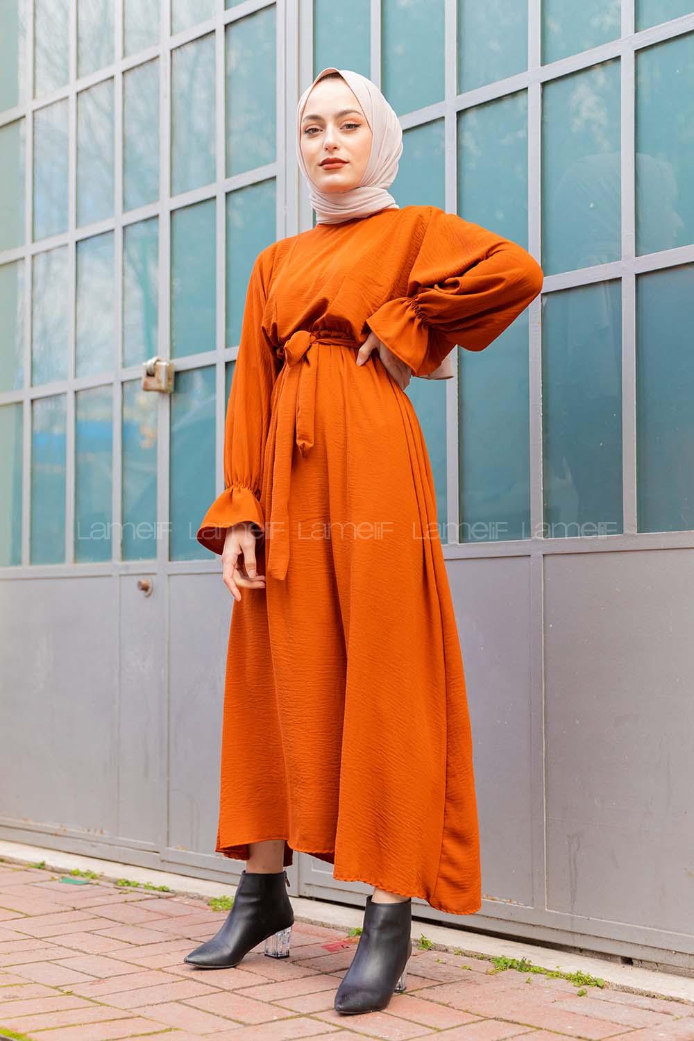 Modalamelif Yarasa Kol Kemer Detaylı  Elbise Taba