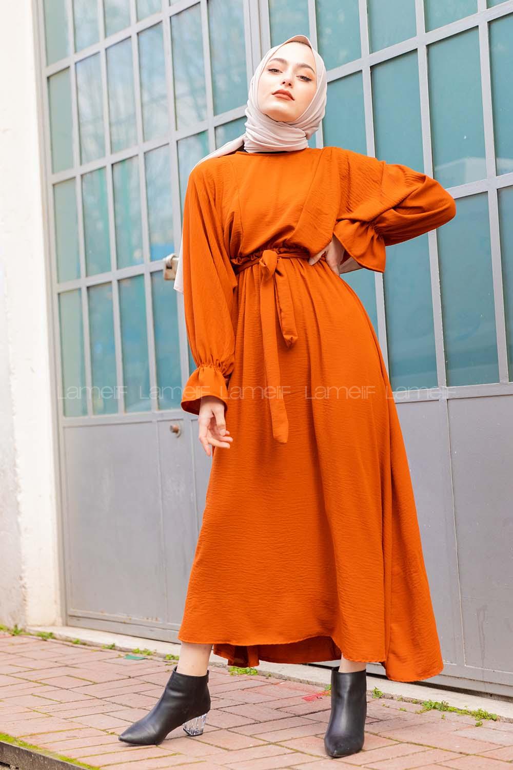 Modalamelif Yarasa Kol Kemer Detaylı  Elbise Taba