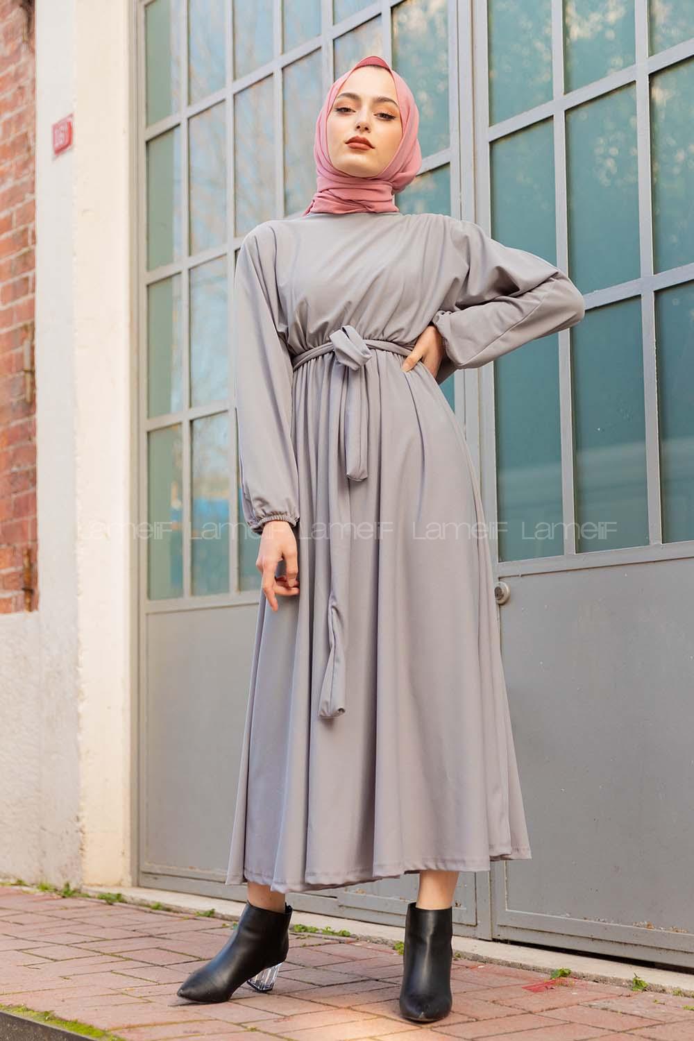 Modalamelif Yarasa Kol Kloş Etekli Mevlana Elbise Gri