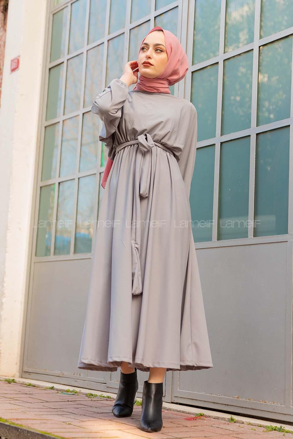 Modalamelif Yarasa Kol Kloş Etekli Mevlana Elbise Gri