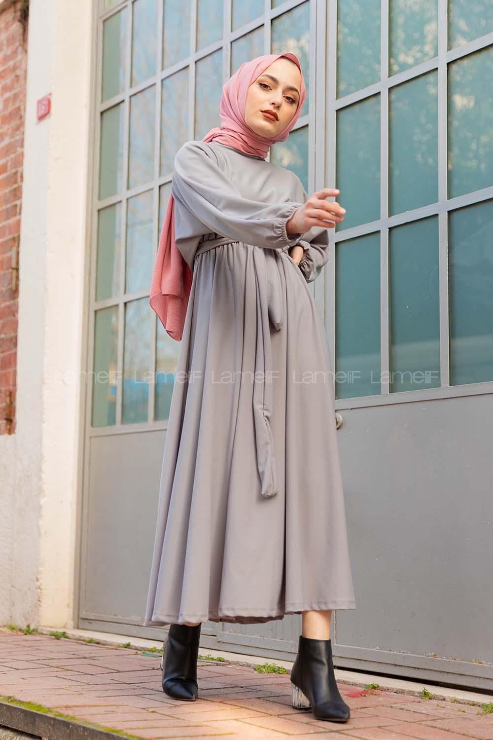 Modalamelif Yarasa Kol Kloş Etekli Mevlana Elbise Gri