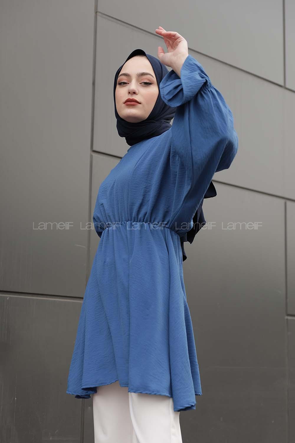 Modalamelif Balon Kol Ayrobin Tunik İndigo