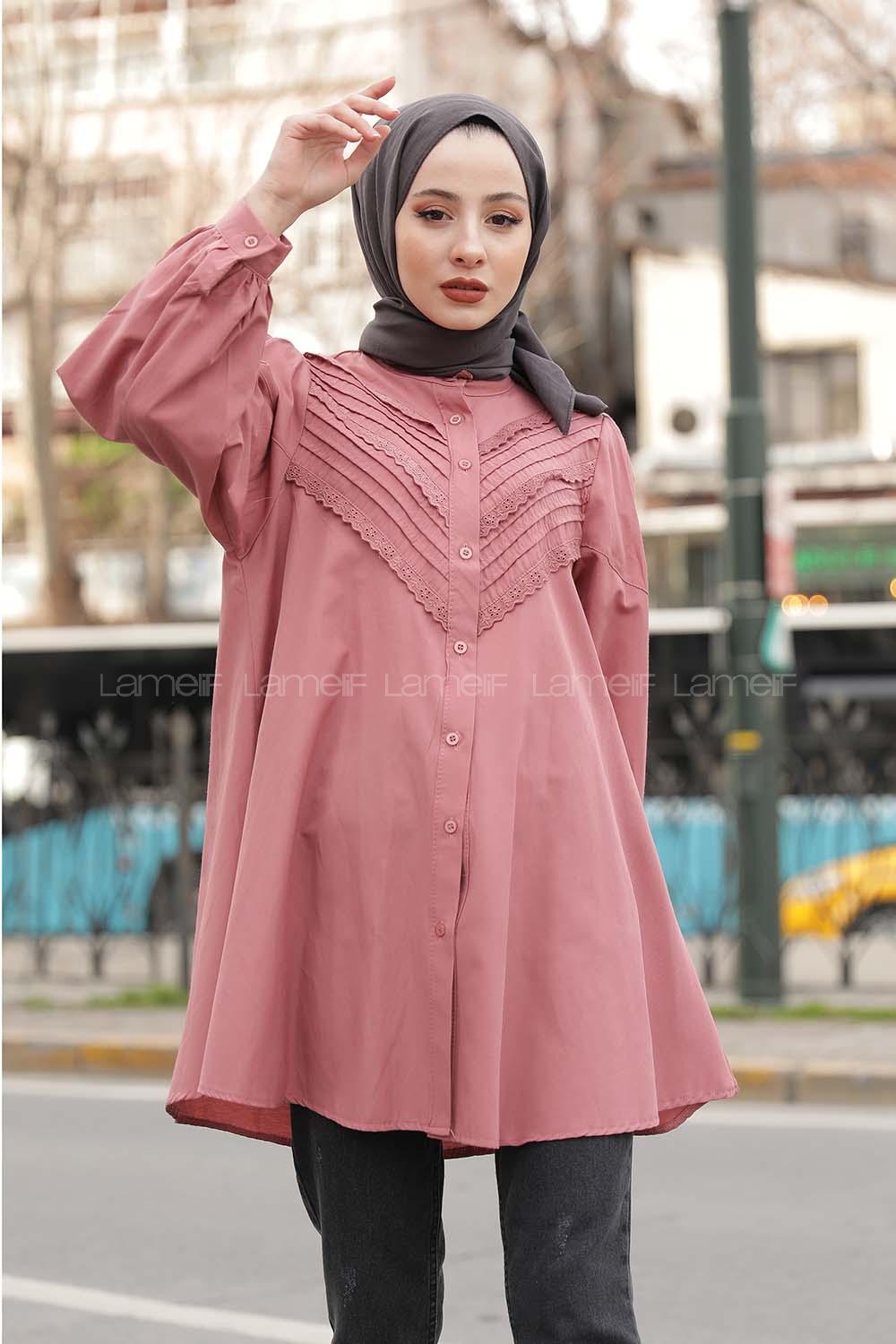 Modalamelif Balon Kol Gipeli Gömlek Tunik Gül