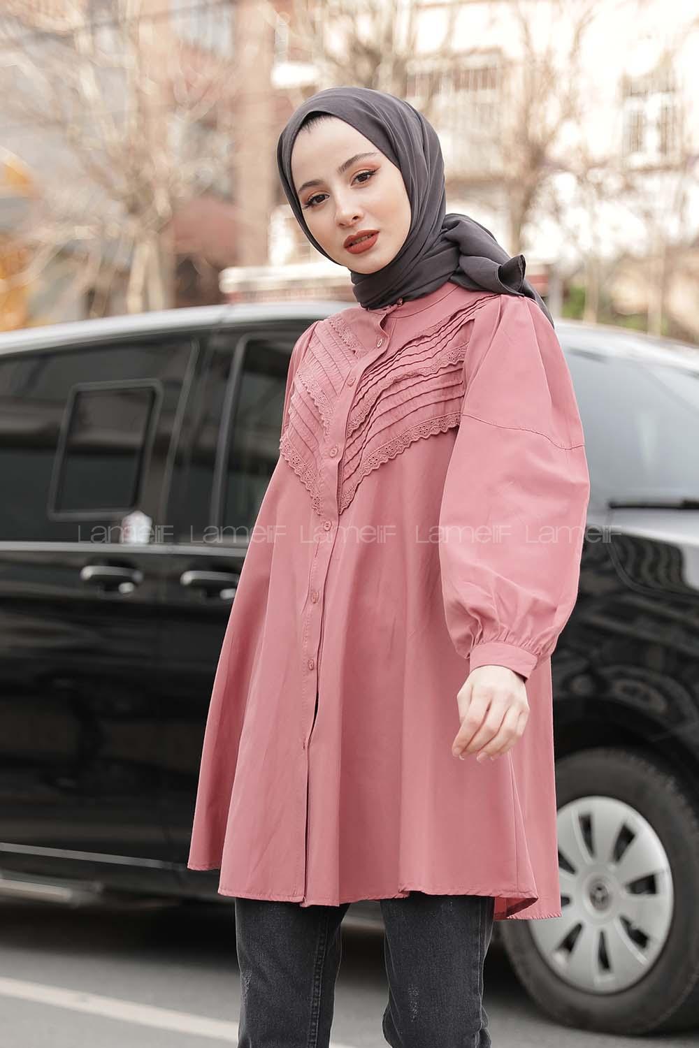 Modalamelif Balon Kol Gipeli Gömlek Tunik Gül