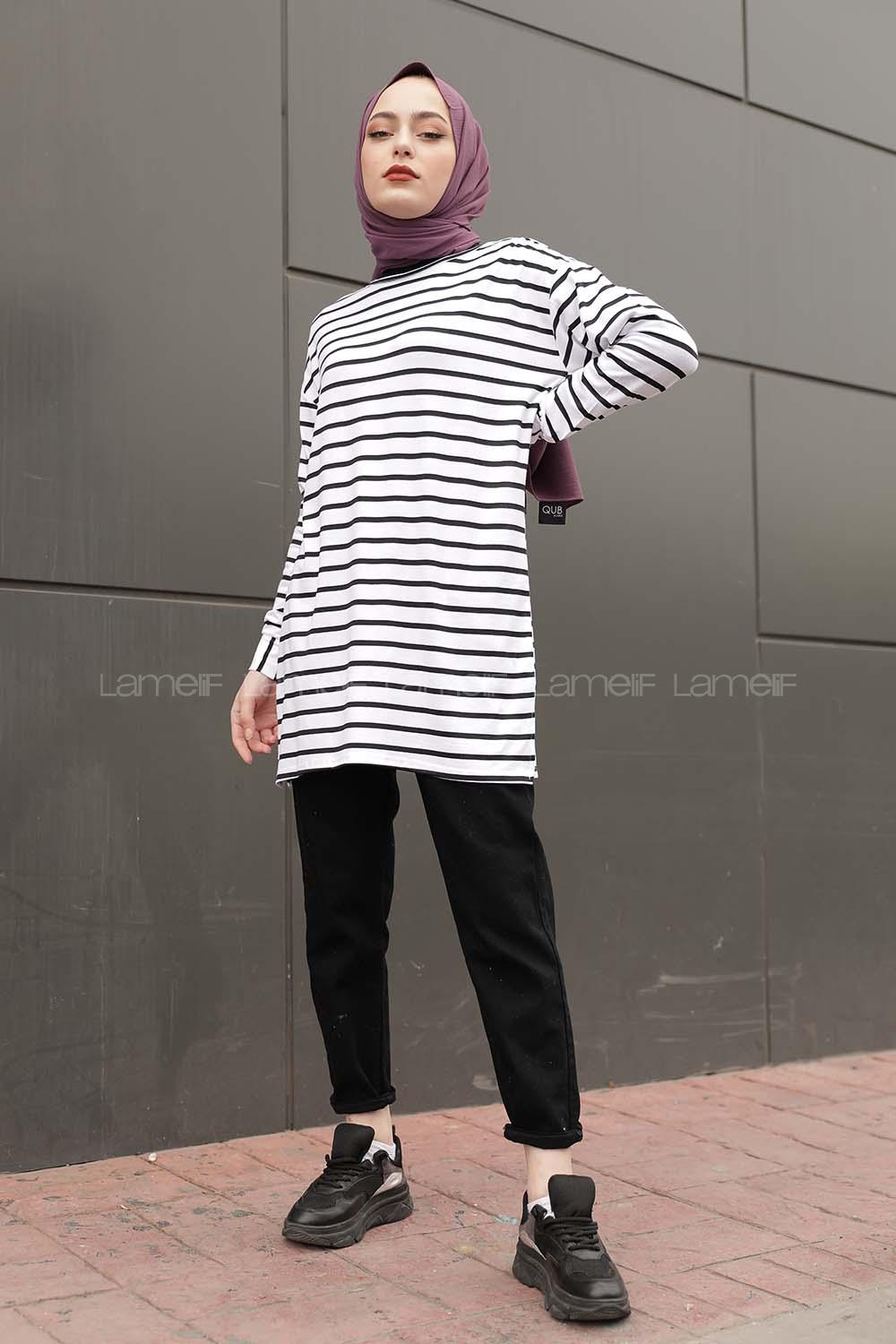 Modalamelif Çizgili Tunik Beyaz Siyah