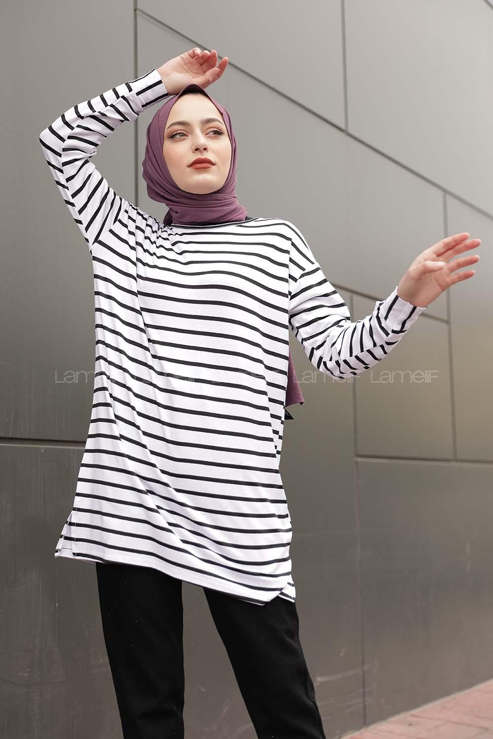 Modalamelif Çizgili Tunik Beyaz Siyah