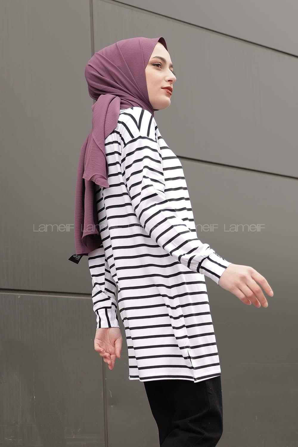 Modalamelif Çizgili Tunik Beyaz Siyah