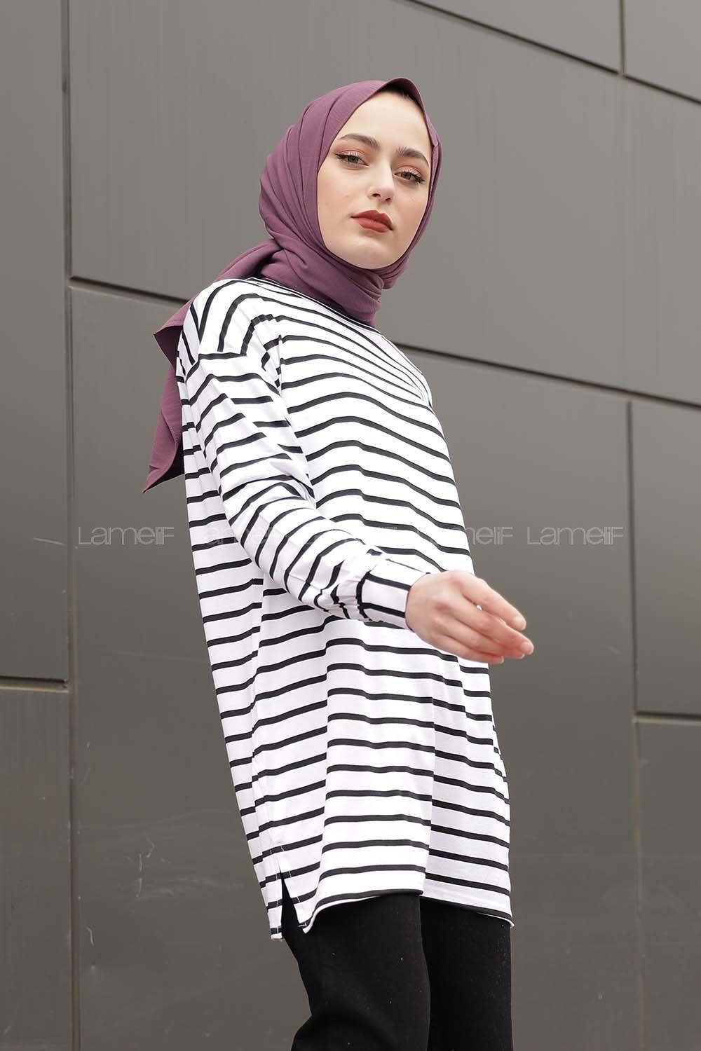 Modalamelif Çizgili Tunik Beyaz Siyah
