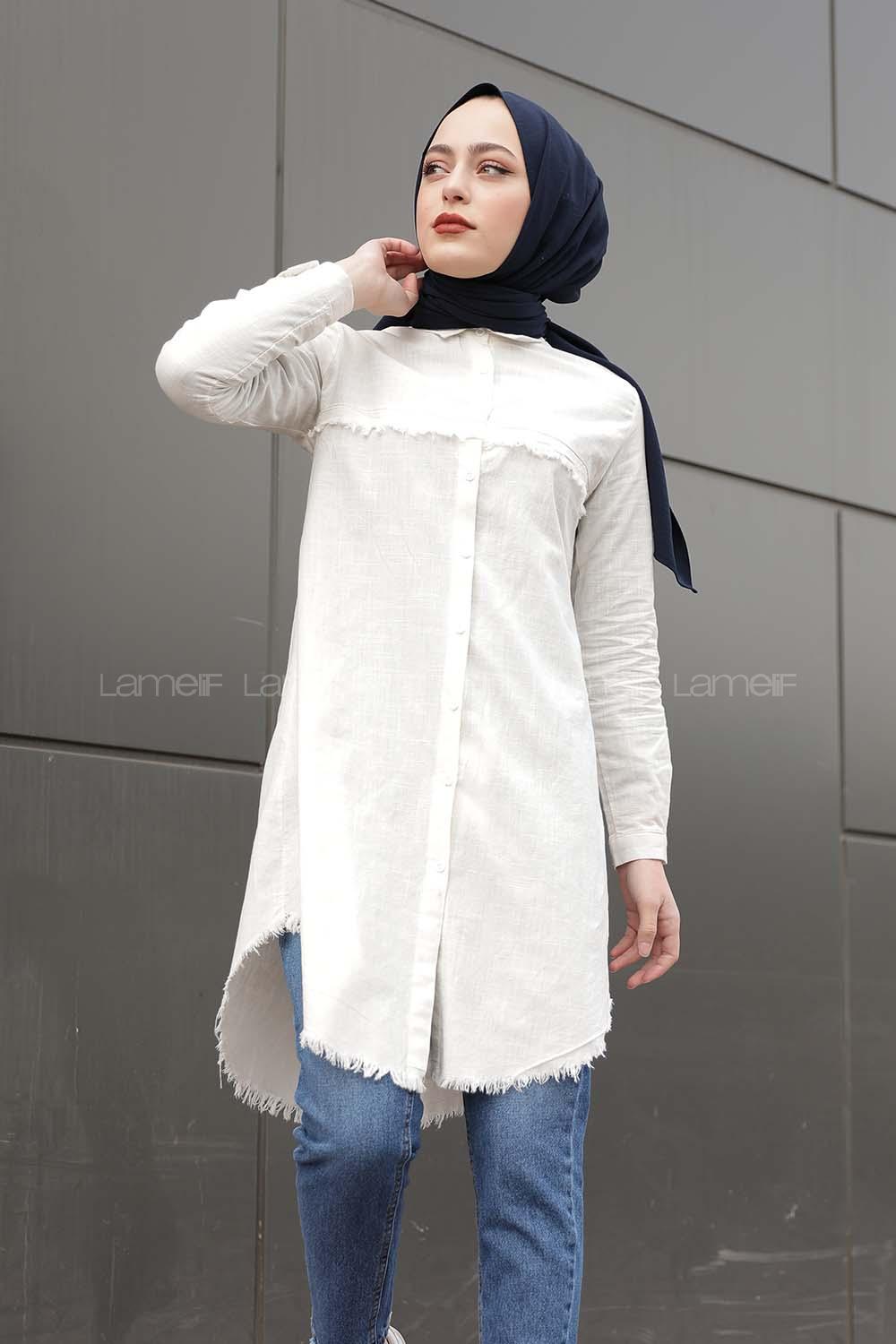 Modalamelif Eteği Saçaklı Gömlek Ekru