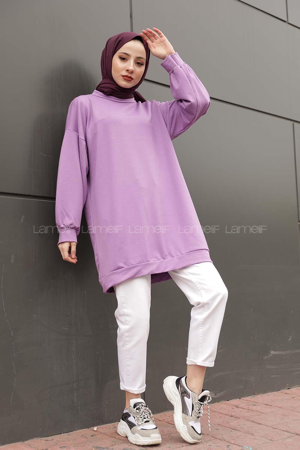 Modalamelif İki İplik Balon Kol Tunik Mor