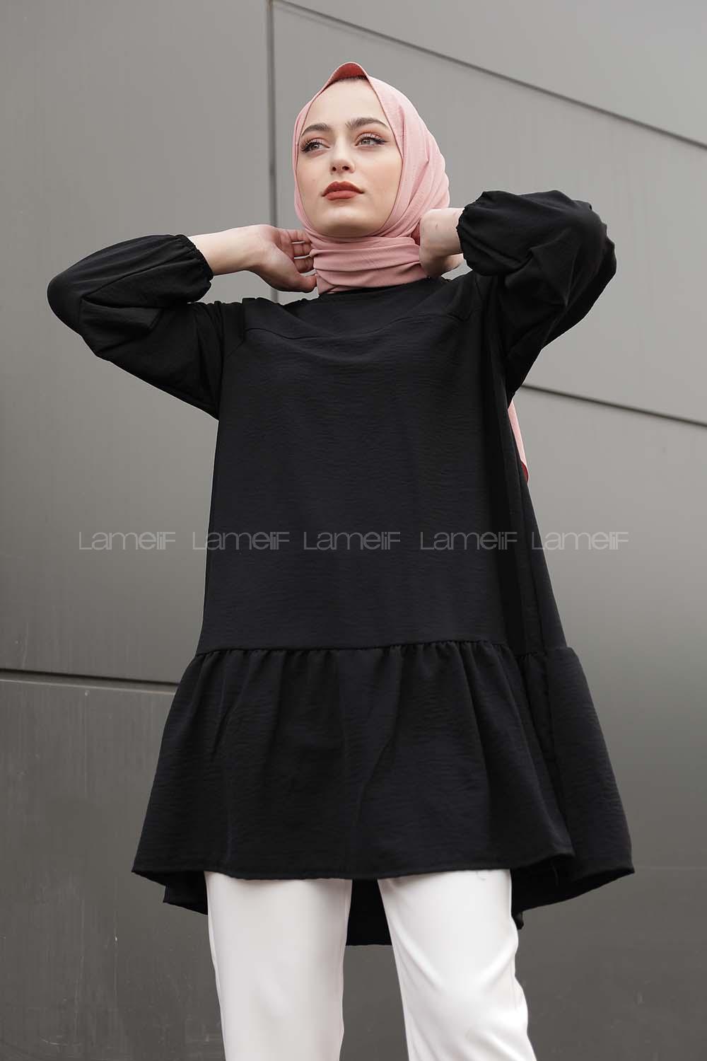 Modalamelif Kol Lastikli Eteği Fırfırlı Tunik Siyah
