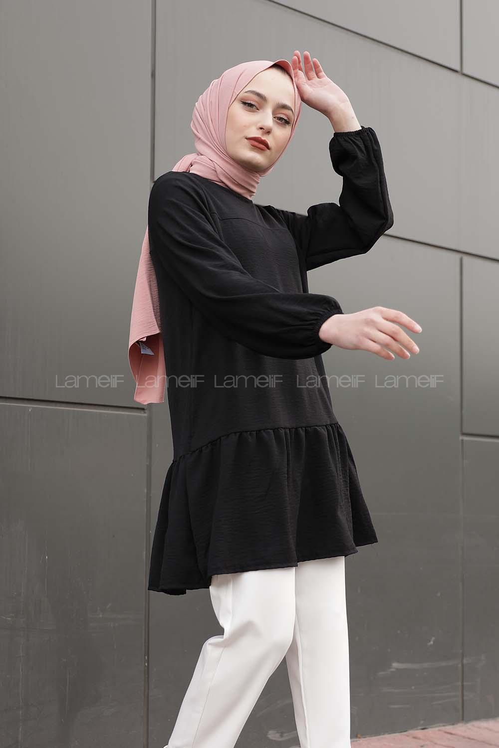 Modalamelif Kol Lastikli Eteği Fırfırlı Tunik Siyah