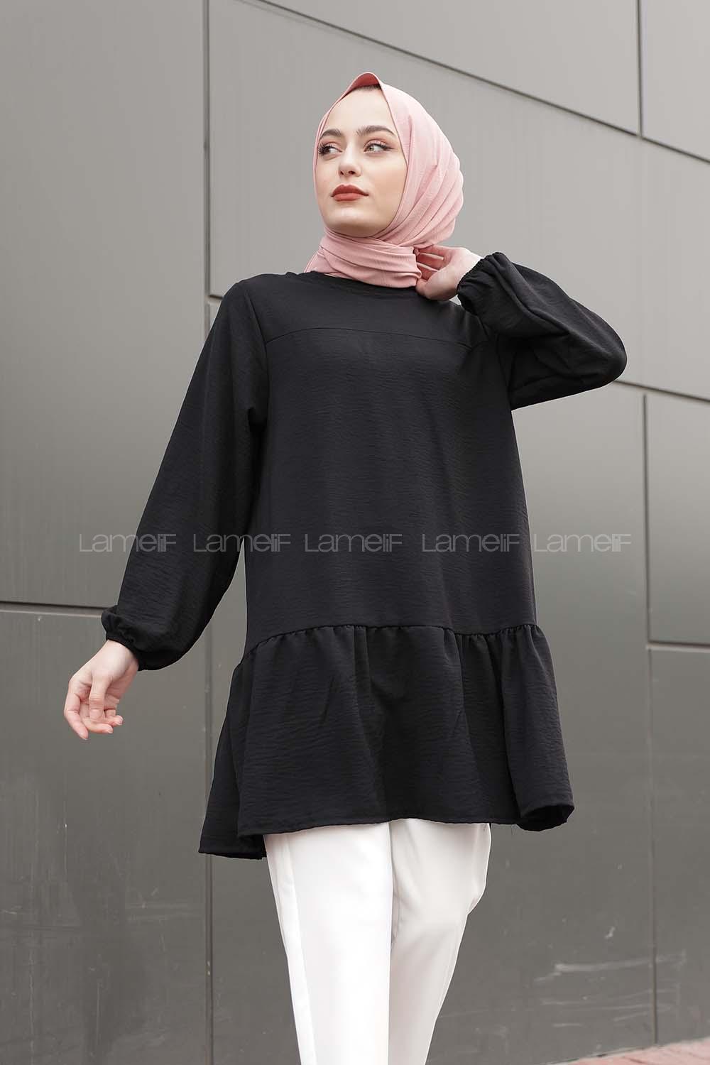 Modalamelif Kol Lastikli Eteği Fırfırlı Tunik Siyah