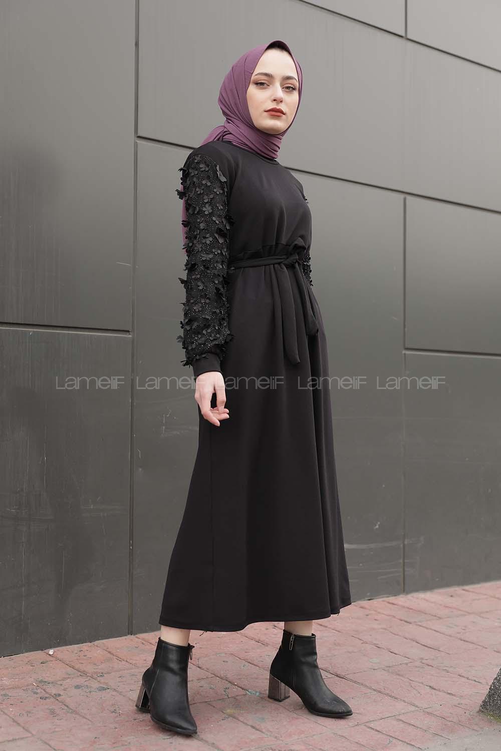 Modalamelif Kolu Papatya Detaylı Elbise Siyah