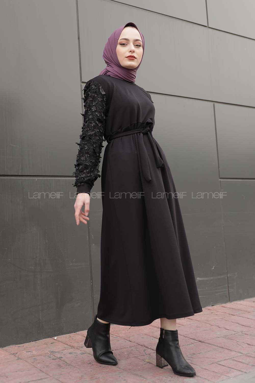 Modalamelif Kolu Papatya Detaylı Elbise Siyah