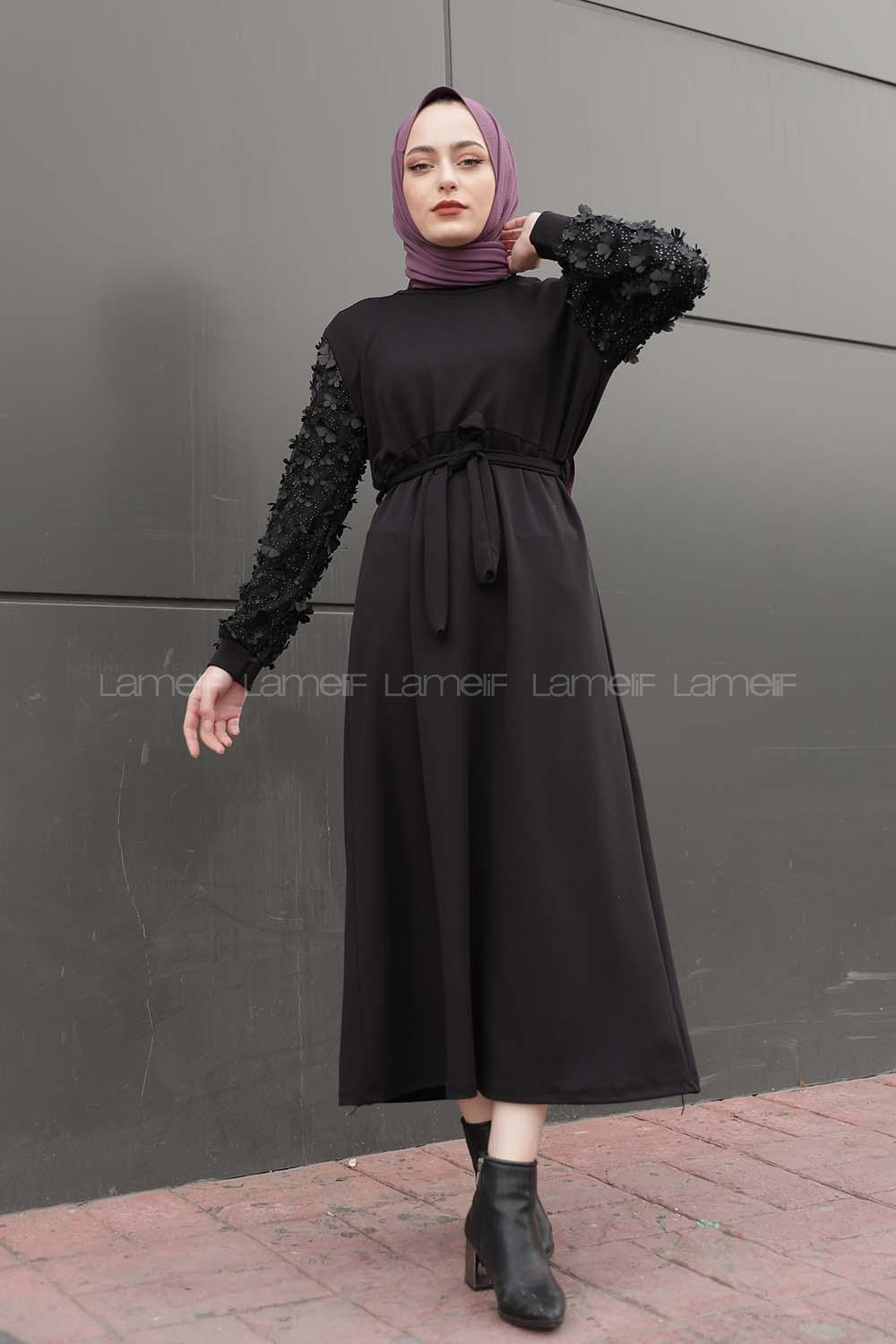 Modalamelif Kolu Papatya Detaylı Elbise Siyah