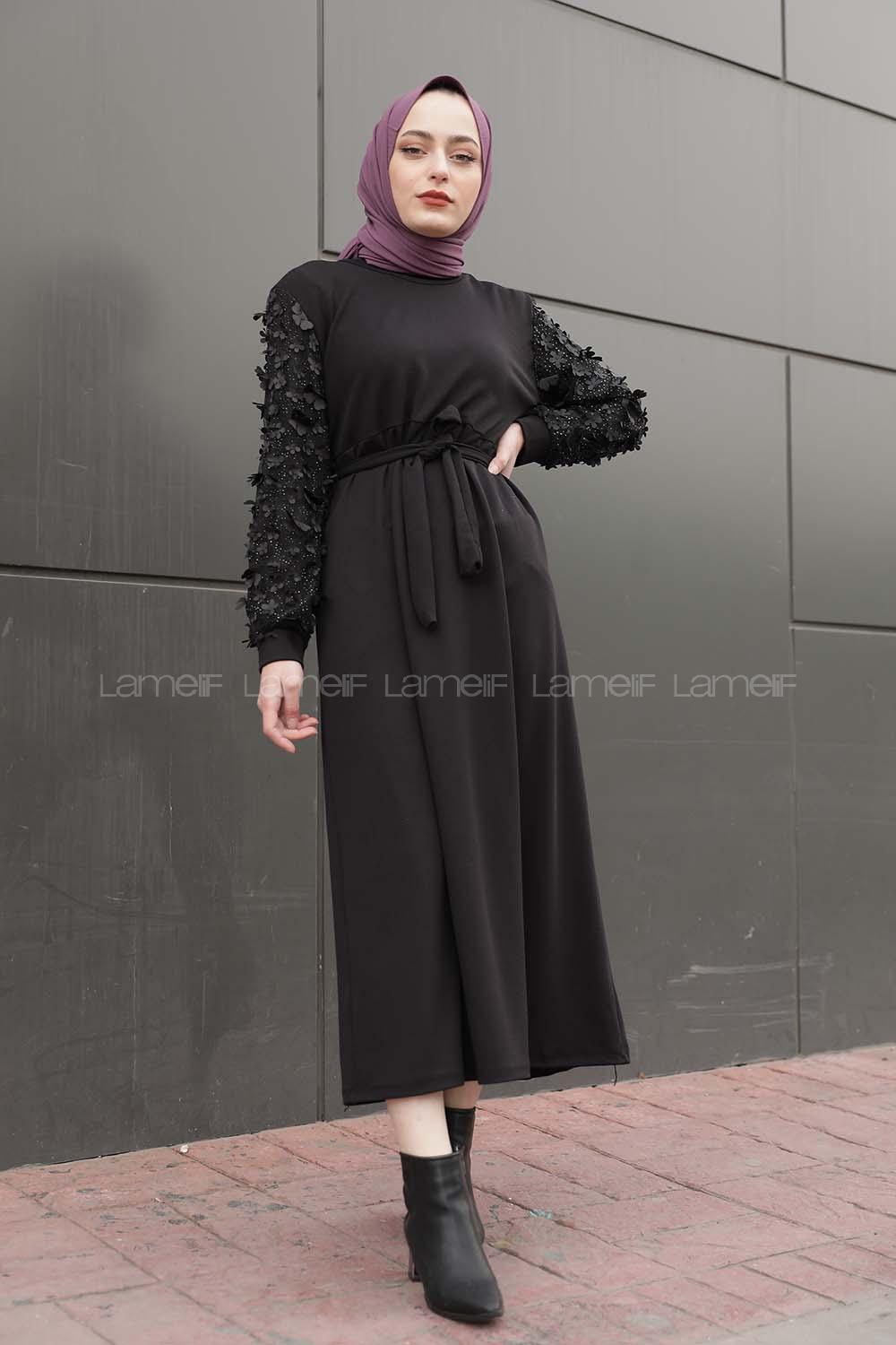 Modalamelif Kolu Papatya Detaylı Elbise Siyah