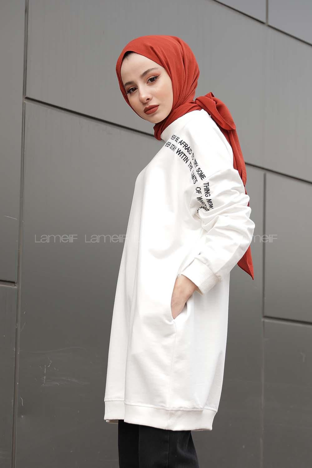 Modalamelif Yazı Baskılı Tunik Beyaz