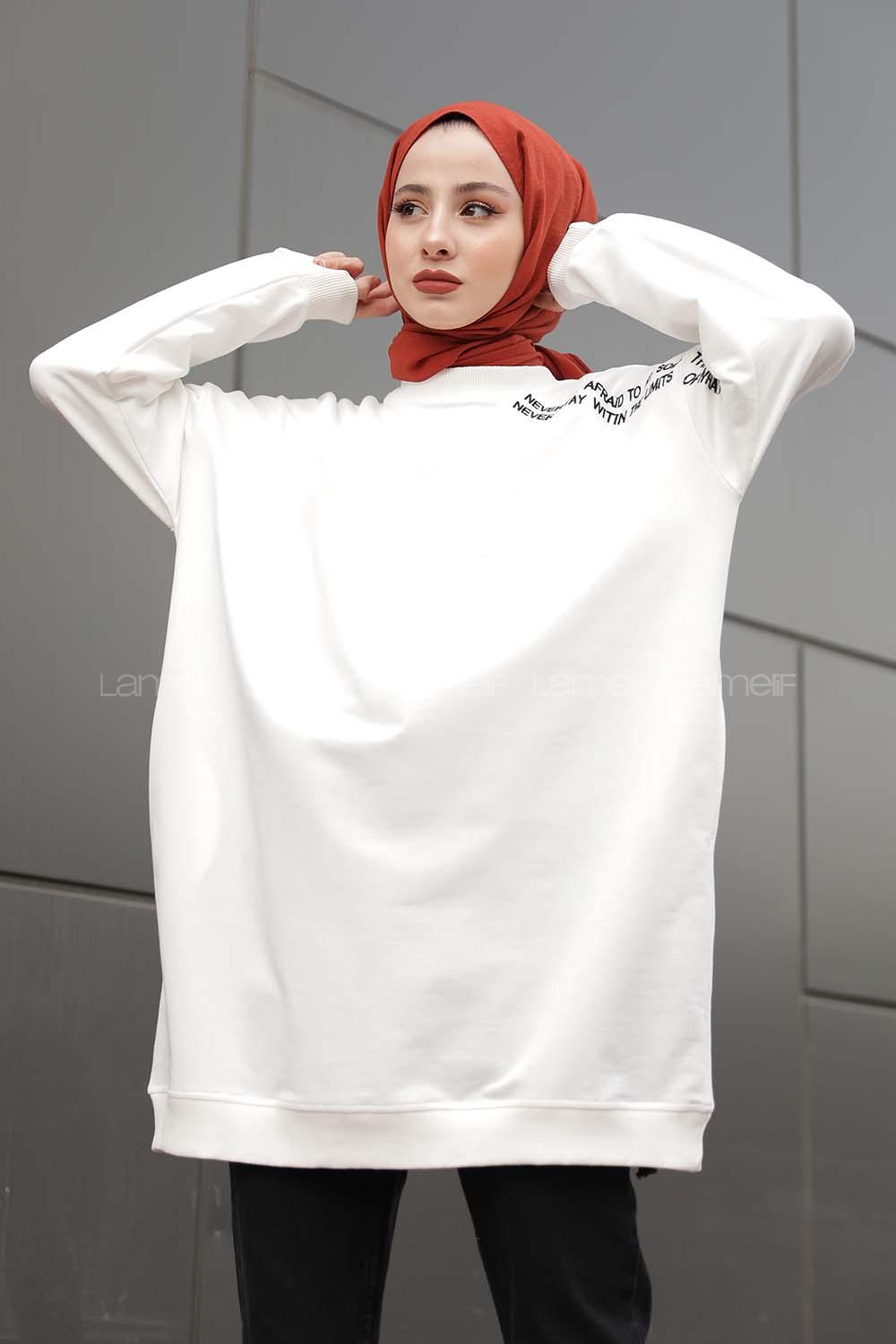 Modalamelif Yazı Baskılı Tunik Beyaz