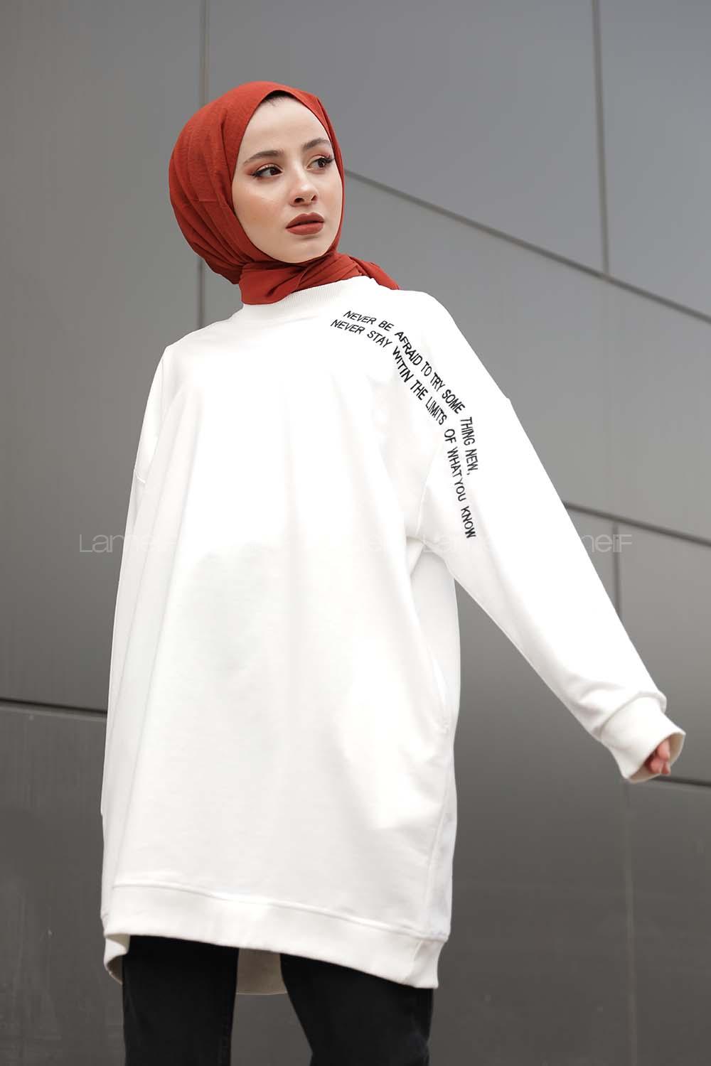 Modalamelif Yazı Baskılı Tunik Beyaz