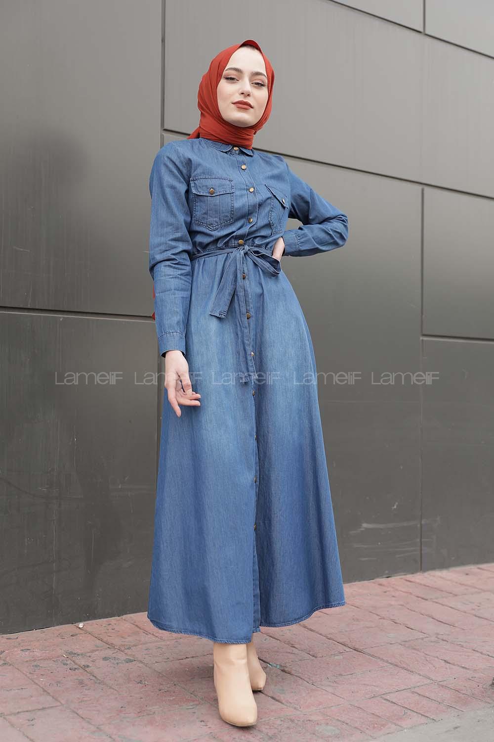 Modalamelif Önü Düğmeli Belden Bağlamalı Elbise Kot Mavisi