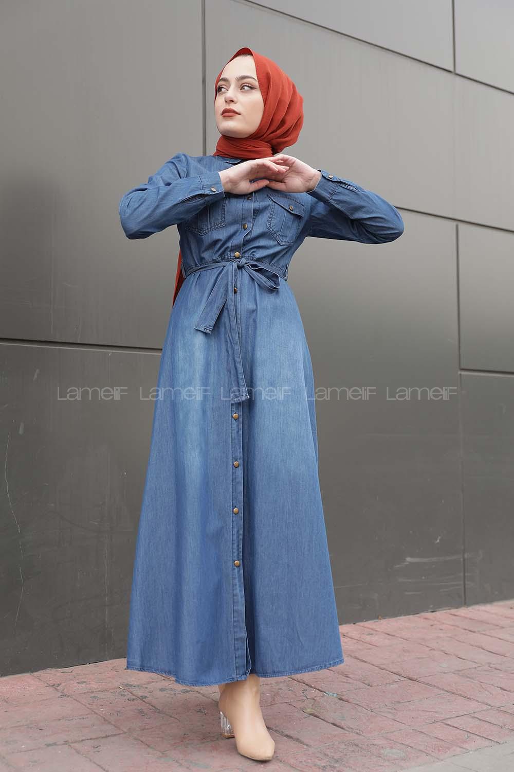 Modalamelif Önü Düğmeli Belden Bağlamalı Elbise Kot Mavisi