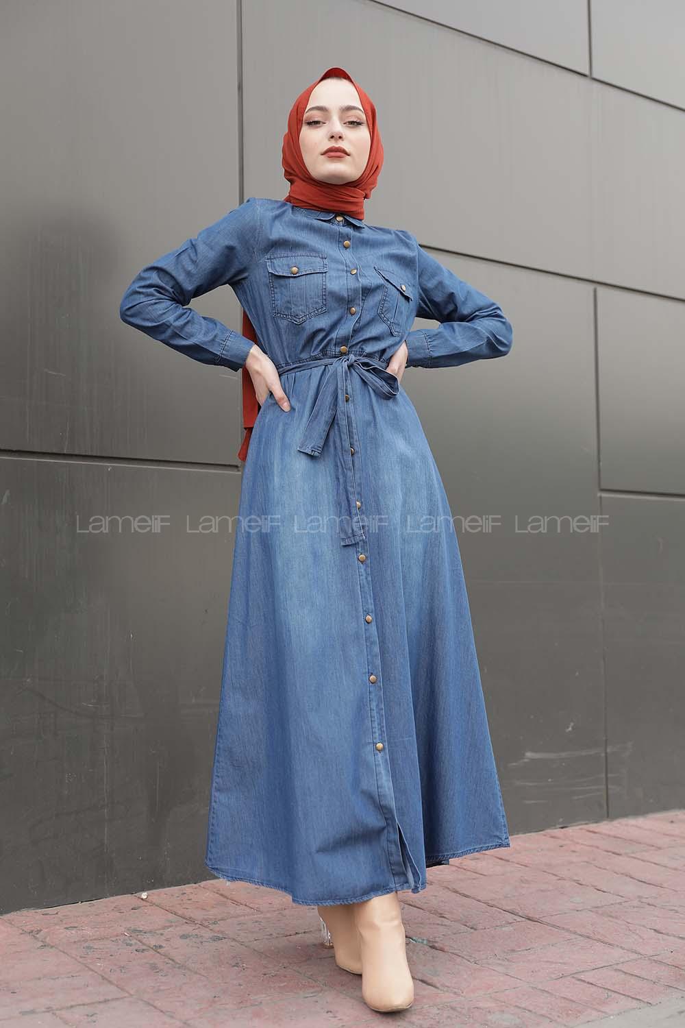 Modalamelif Önü Düğmeli Belden Bağlamalı Elbise Kot Mavisi