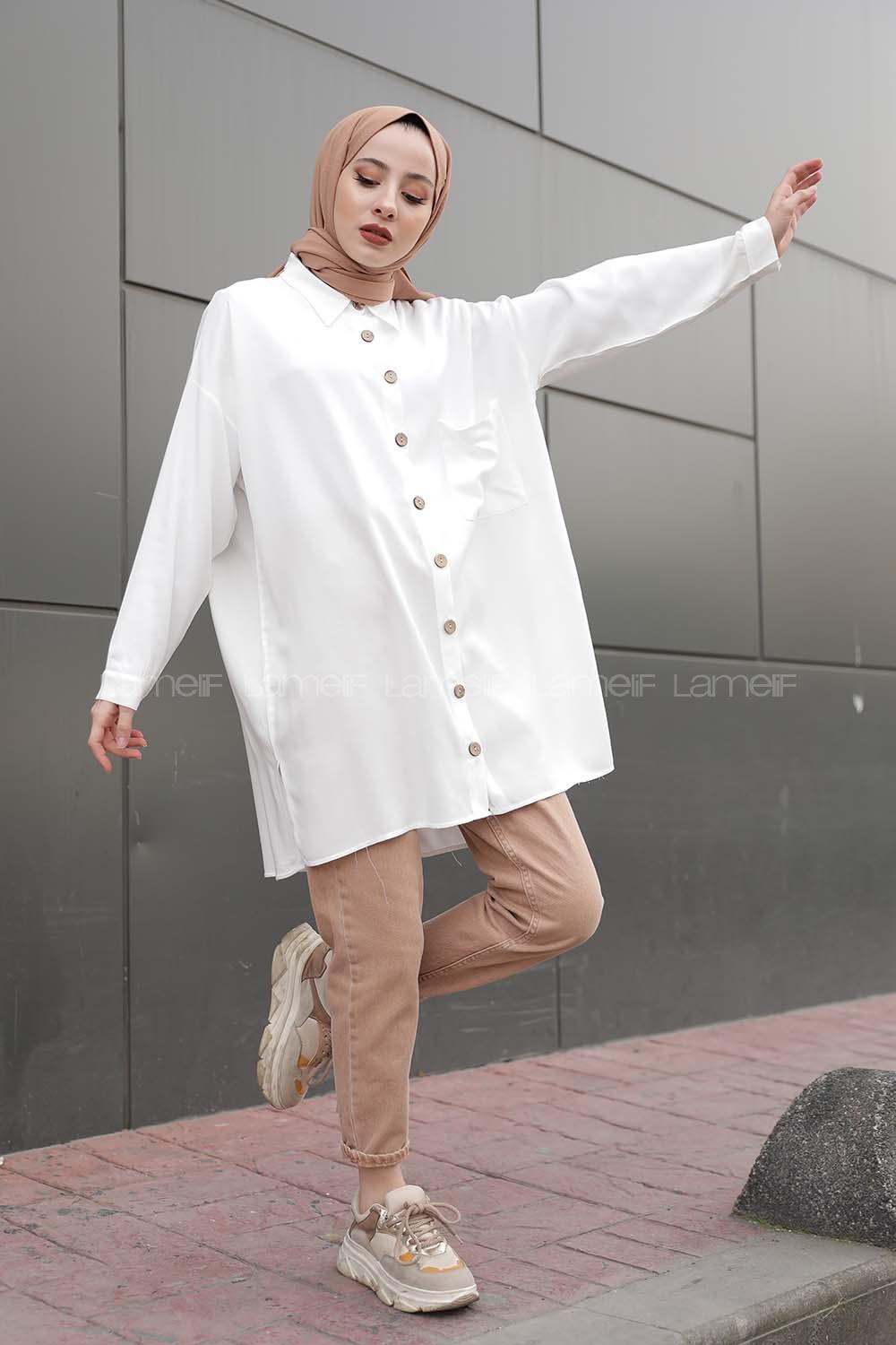 Modalamelif Önü Düğmeli Tek Cepli Gömlek Ekru