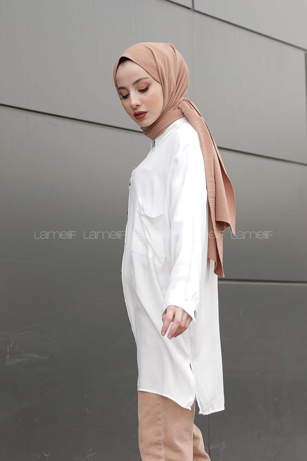 Modalamelif Önü Düğmeli Tek Cepli Gömlek Ekru