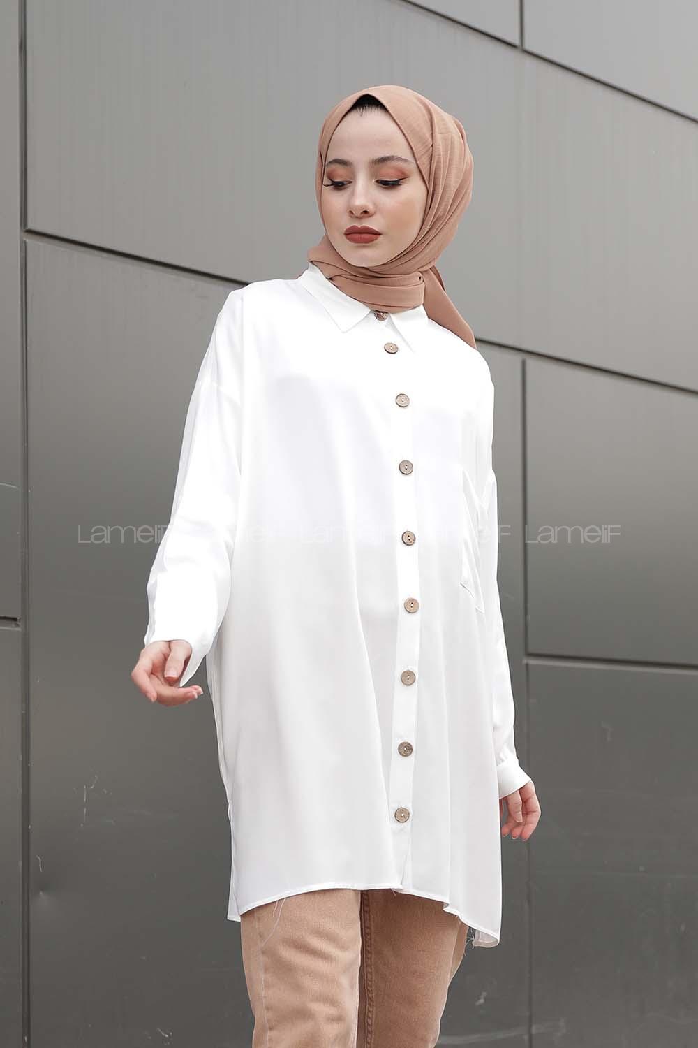 Modalamelif Önü Düğmeli Tek Cepli Gömlek Ekru