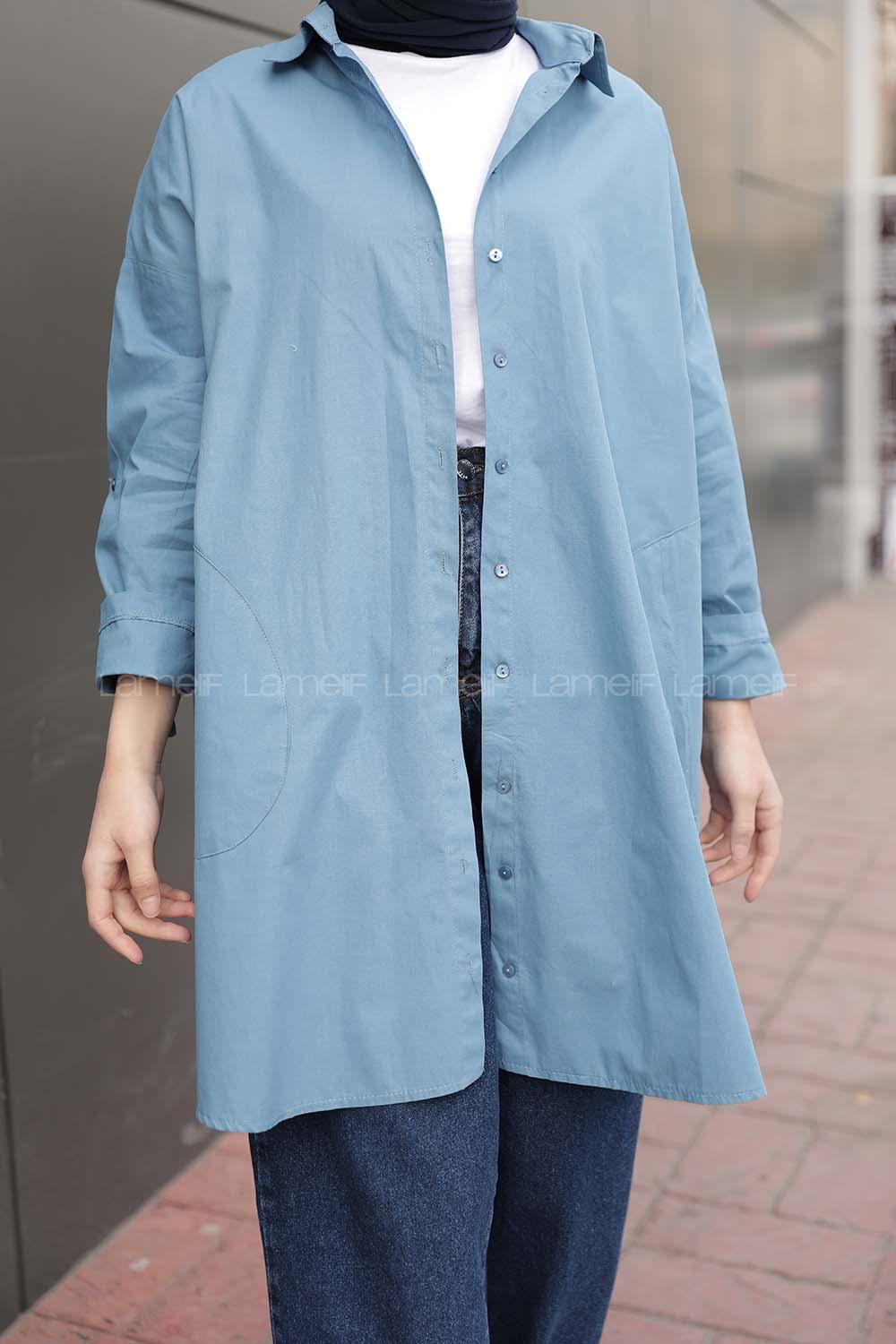 Modalamelif Önü Düğmeli Yan Cepli Gömlek Turkuaz