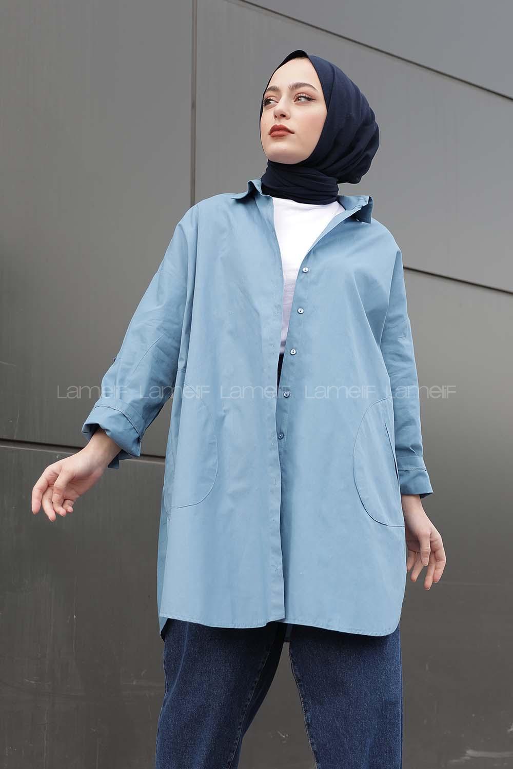 Modalamelif Önü Düğmeli Yan Cepli Gömlek Turkuaz