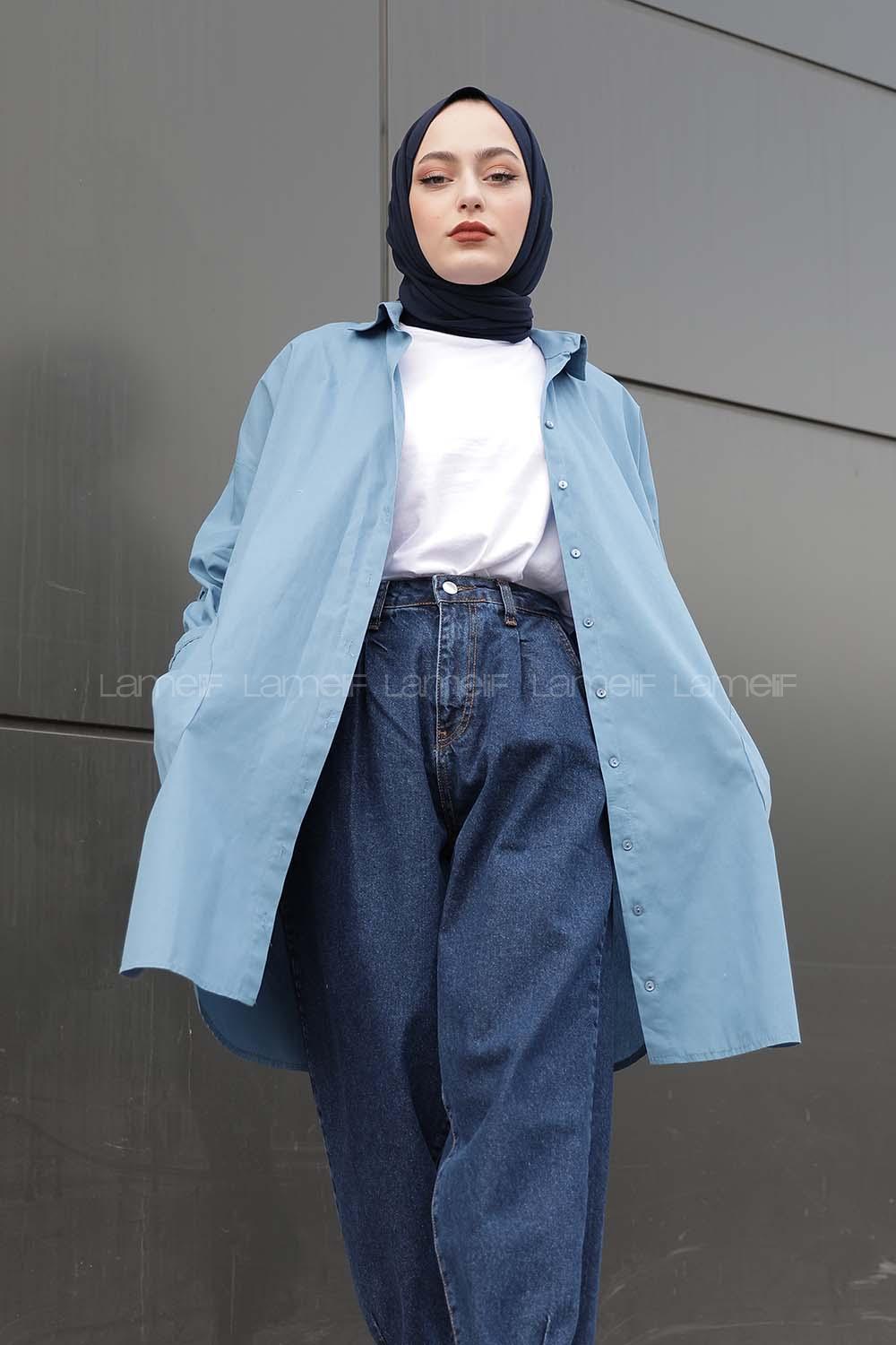 Modalamelif Önü Düğmeli Yan Cepli Gömlek Turkuaz