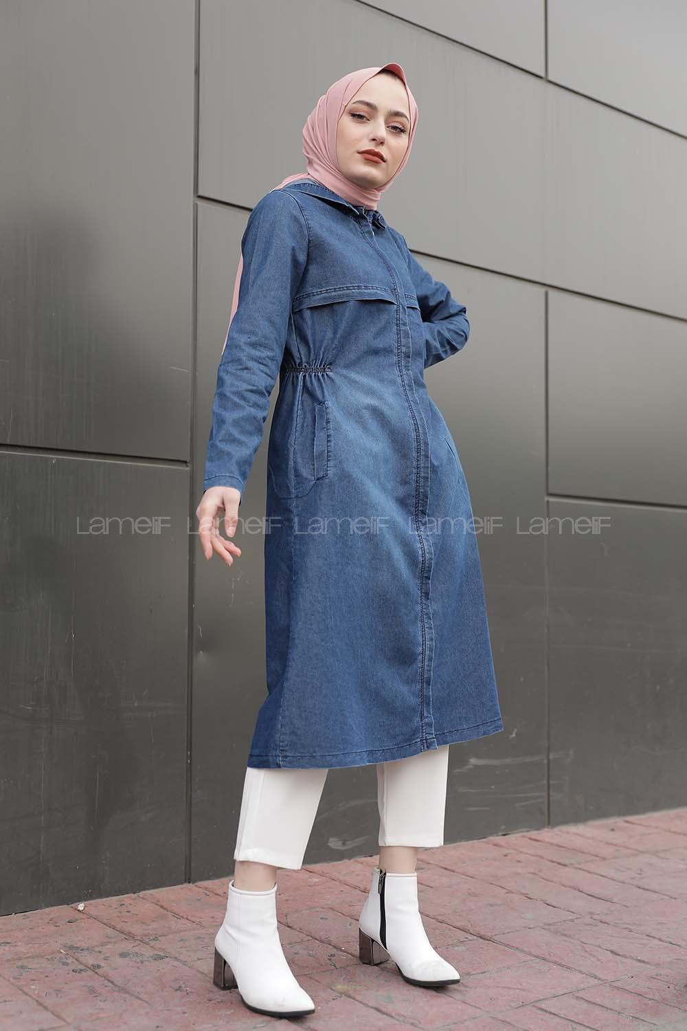 Modalamelif Önü Gizli Fermuarlı Kapşonlu Kap Kot Mavisi