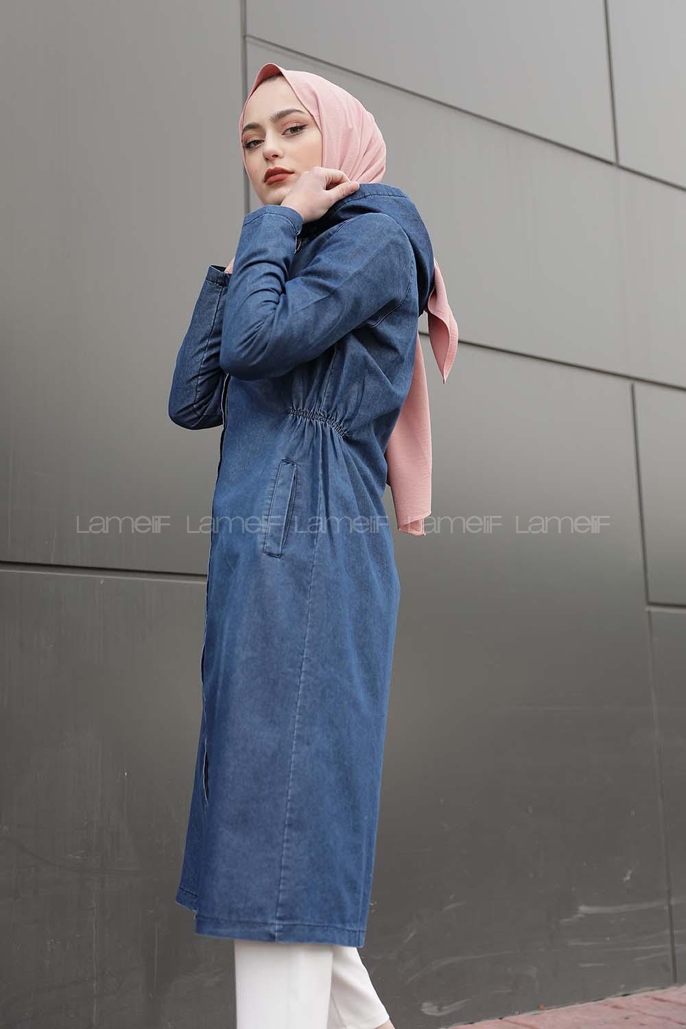 Modalamelif Önü Gizli Fermuarlı Kapşonlu Kap Kot Mavisi