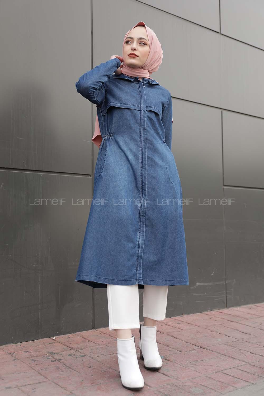 Modalamelif Önü Gizli Fermuarlı Kapşonlu Kap Kot Mavisi