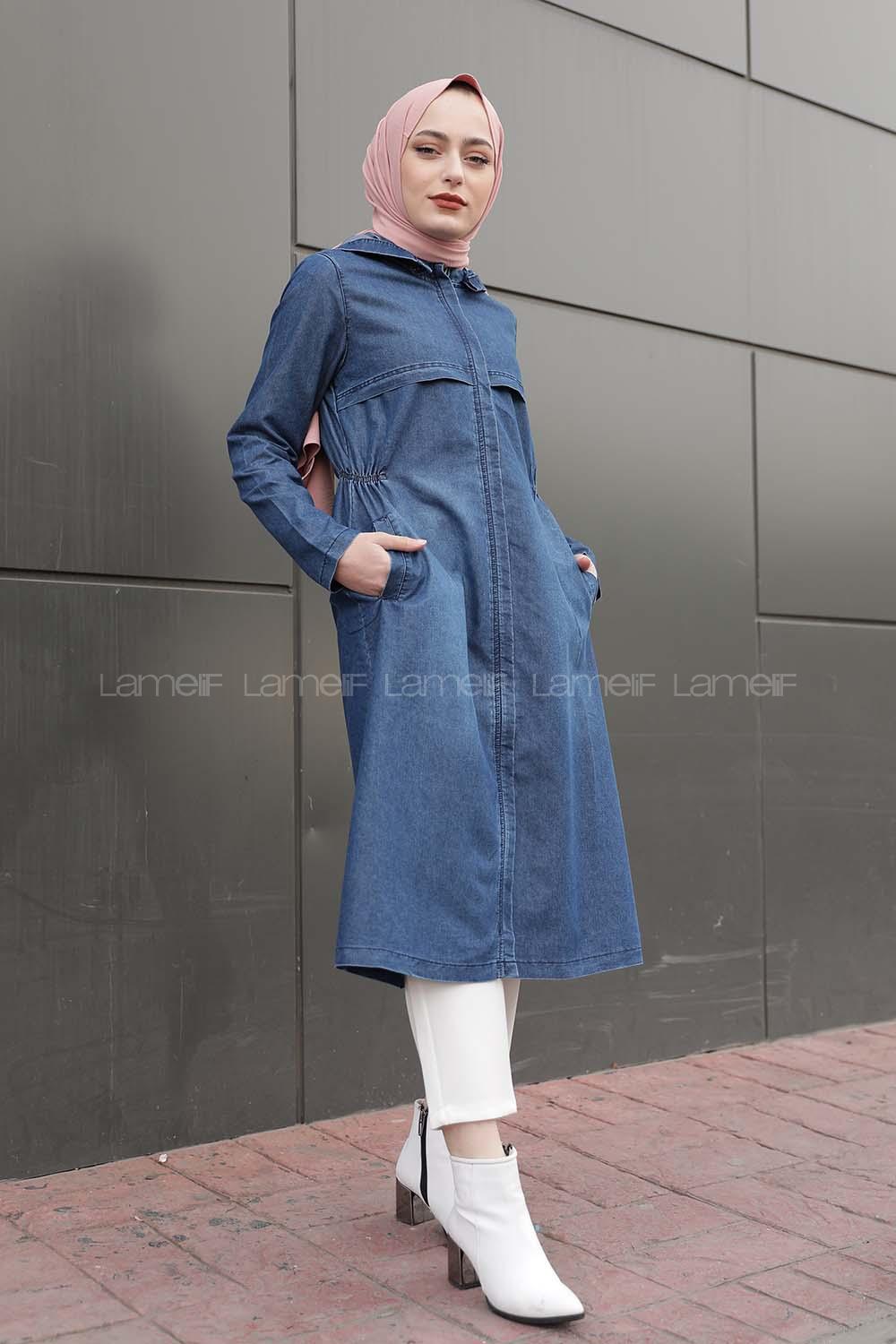 Modalamelif Önü Gizli Fermuarlı Kapşonlu Kap Kot Mavisi