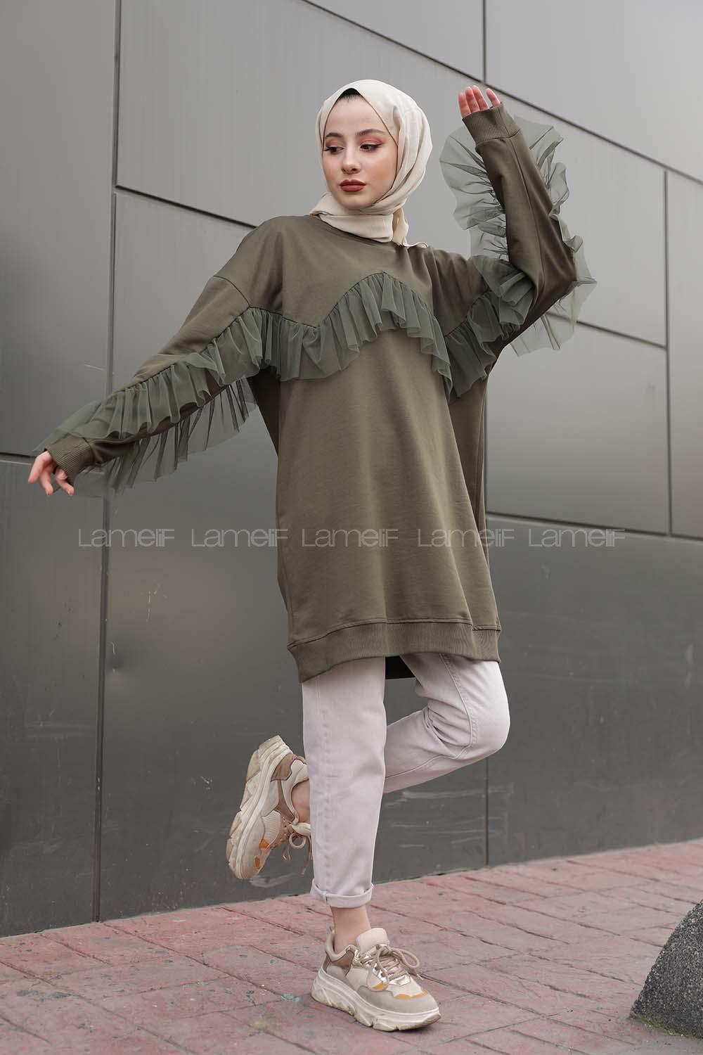Modalamelif  Tül Detaylı Tunik  Haki