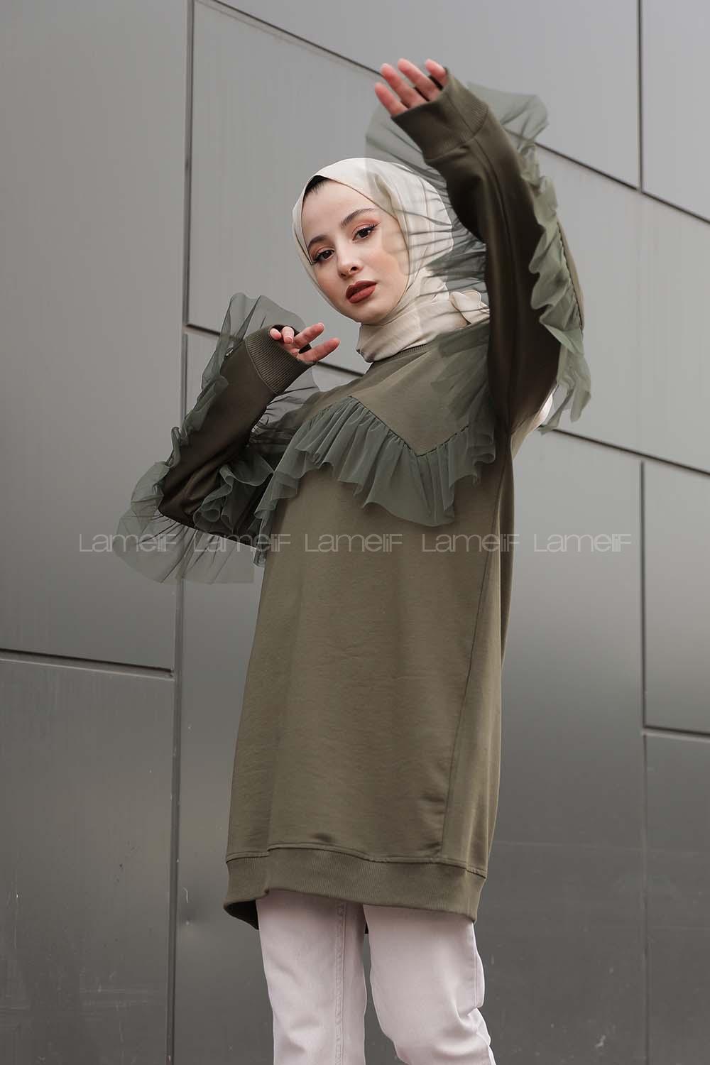 Modalamelif  Tül Detaylı Tunik  Haki