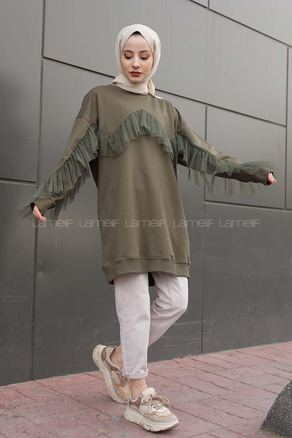 Modalamelif  Tül Detaylı Tunik  Haki