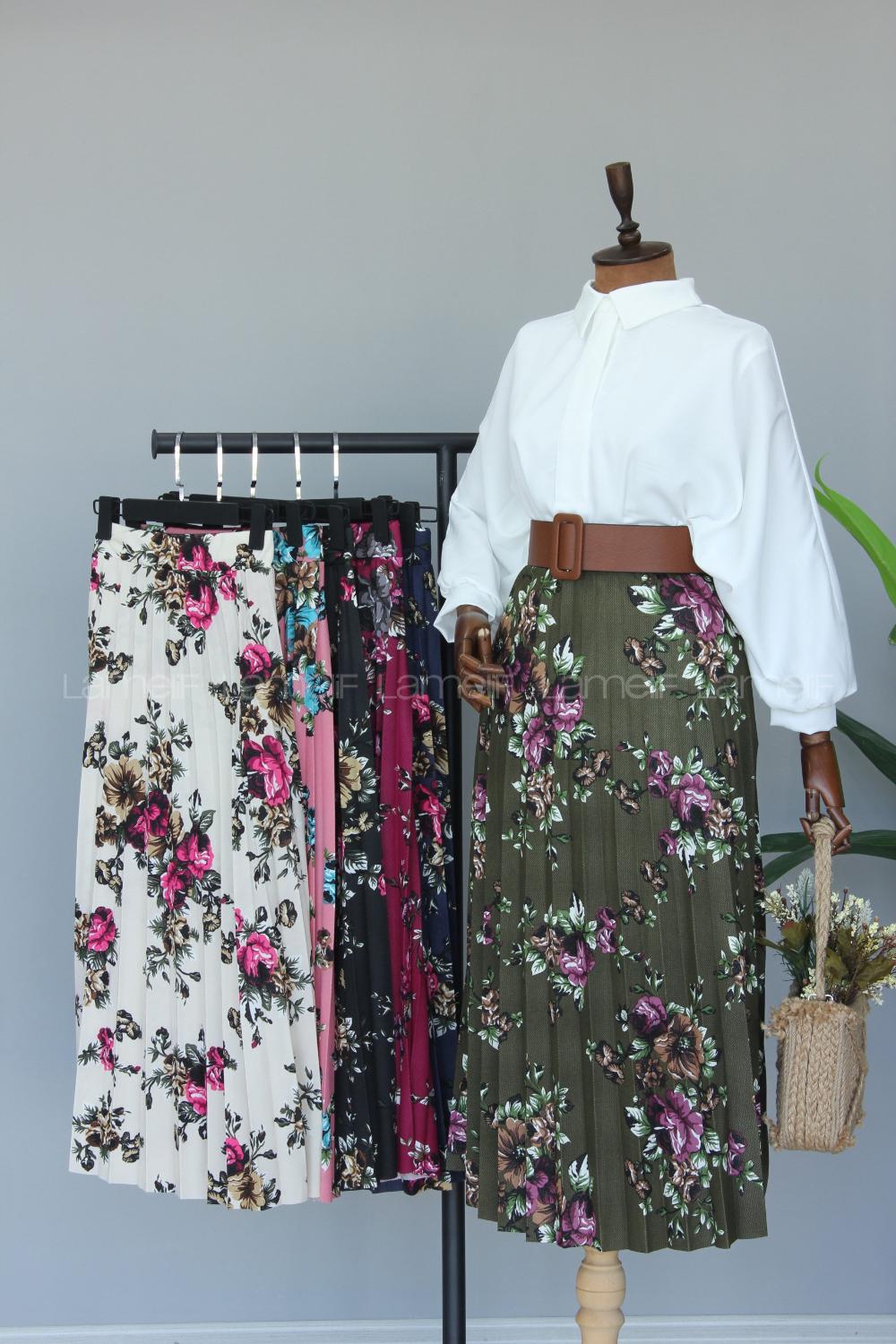 Modalamelif Beli Lastikli Çiçek Desen Mira Etek Lacivert