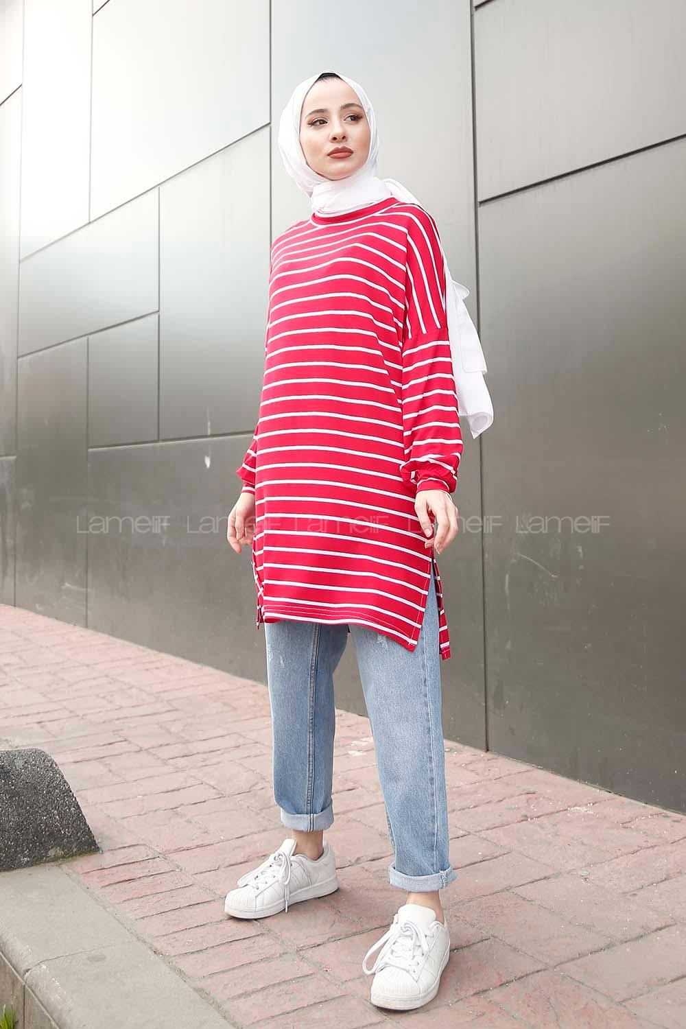 Modalamelif İnce Beyaz Çizgili Tunik Kırmızı
