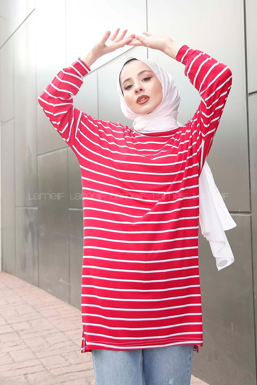 Modalamelif İnce Beyaz Çizgili Tunik Kırmızı