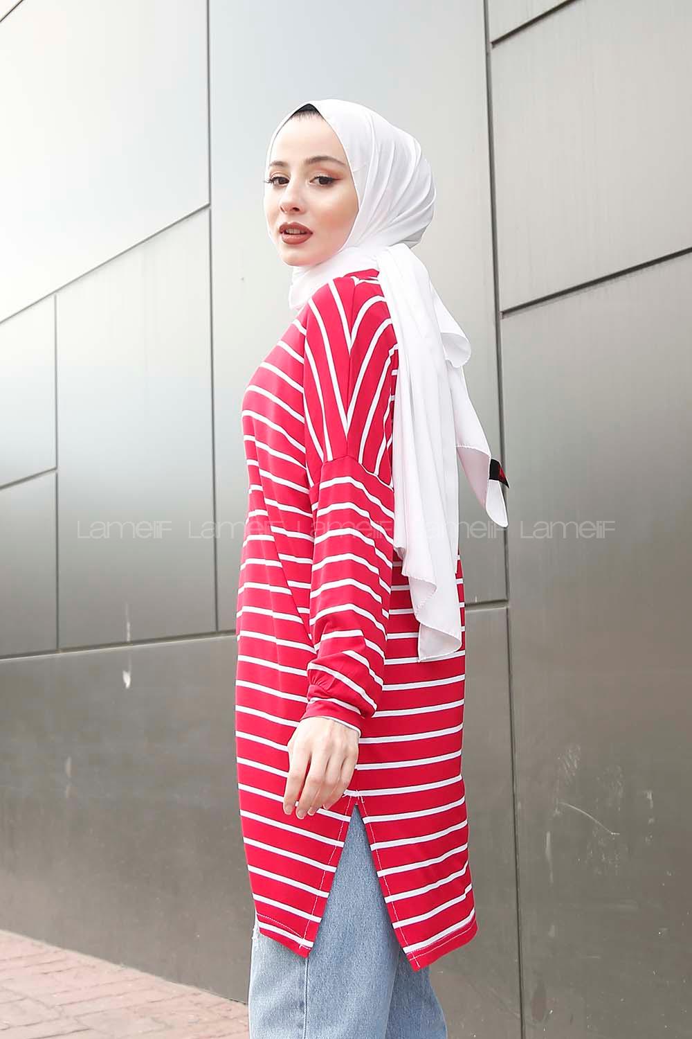 Modalamelif İnce Beyaz Çizgili Tunik Kırmızı