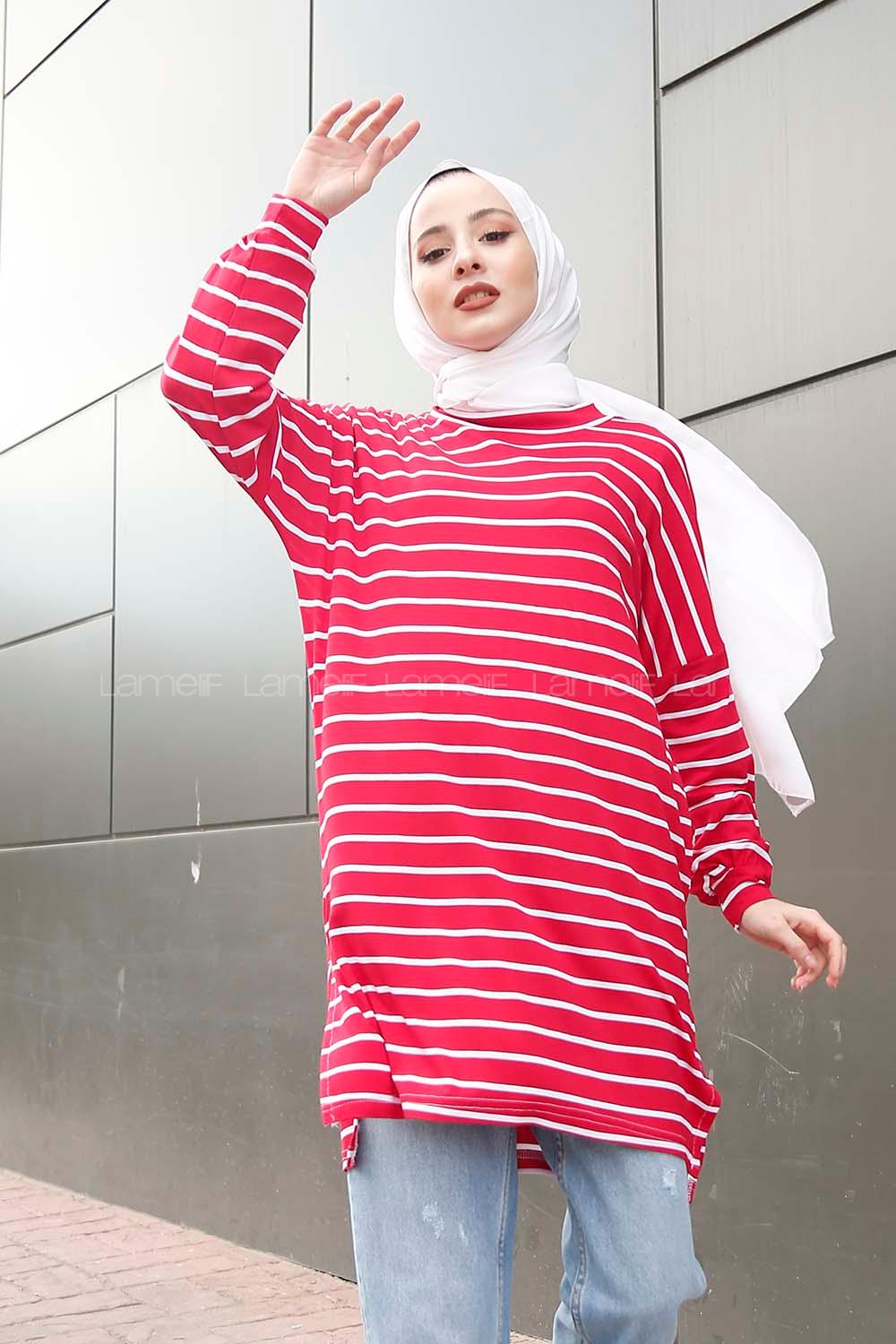 Modalamelif İnce Beyaz Çizgili Tunik Kırmızı