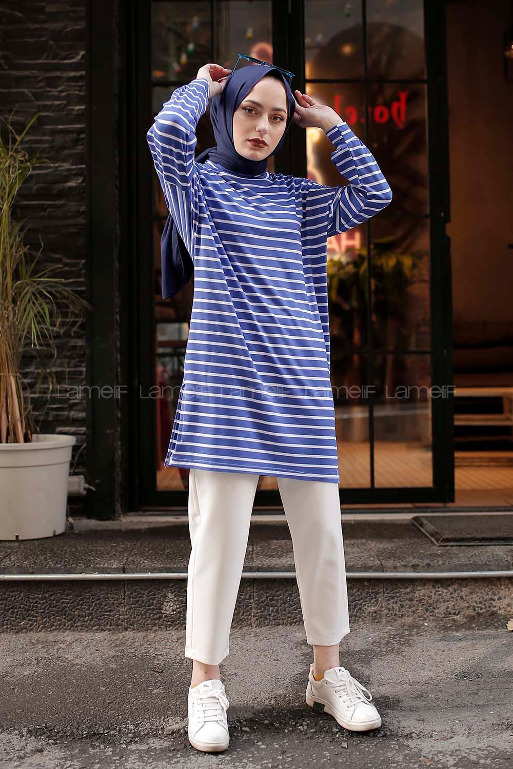 Modalamelif İnce Beyaz Çizgili Tunik Mavi