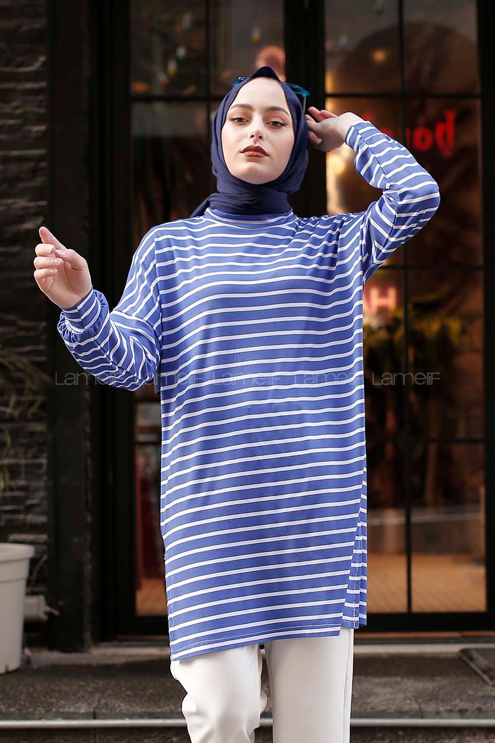 Modalamelif İnce Beyaz Çizgili Tunik Mavi