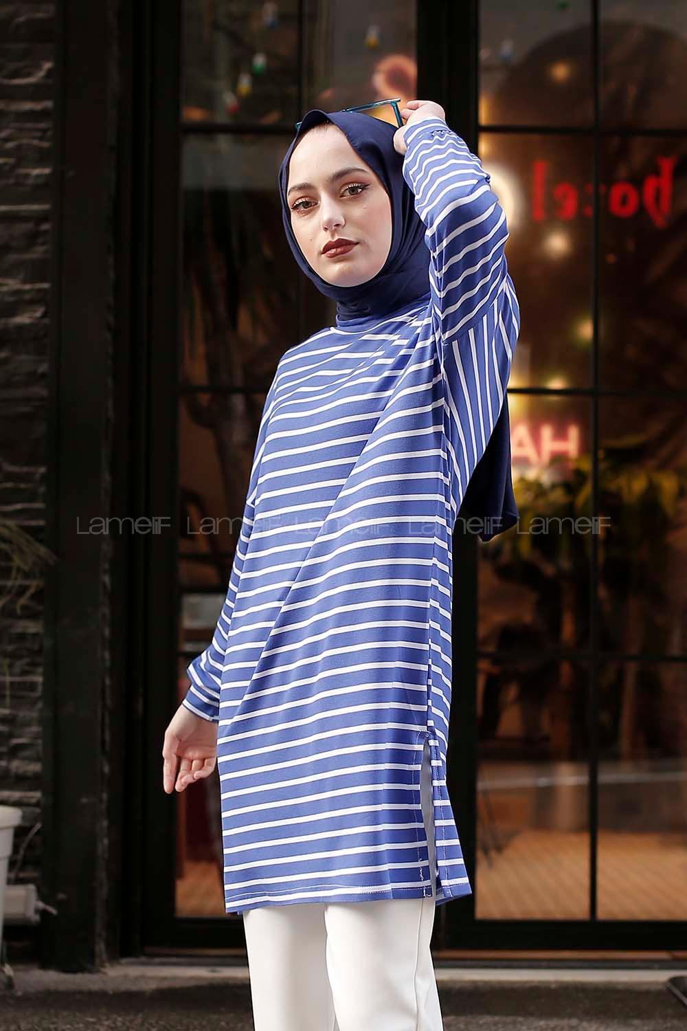 Modalamelif İnce Beyaz Çizgili Tunik Mavi