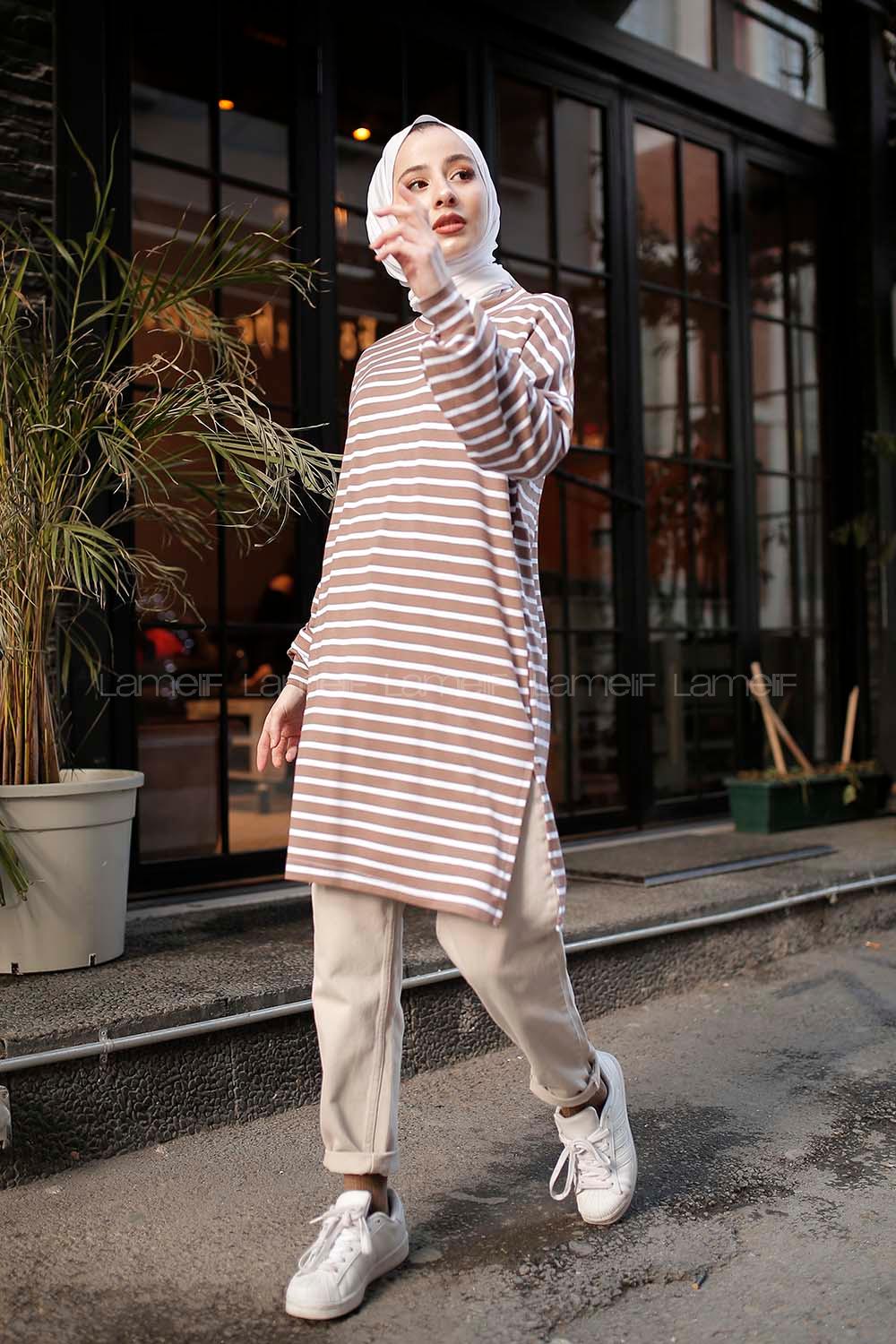 Modalamelif İnce Beyaz Çizgili Tunik Sütlü Kahve