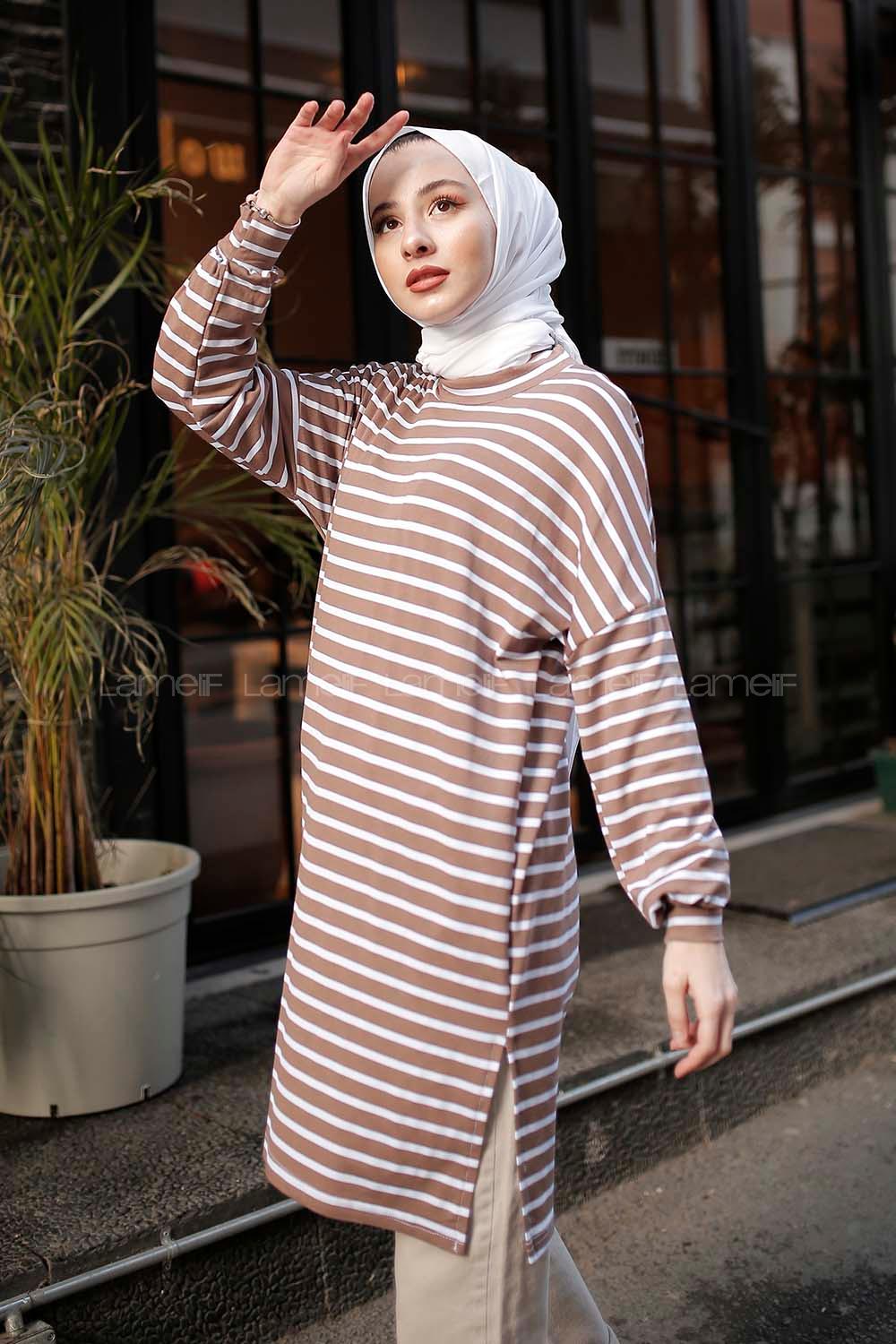 Modalamelif İnce Beyaz Çizgili Tunik Sütlü Kahve